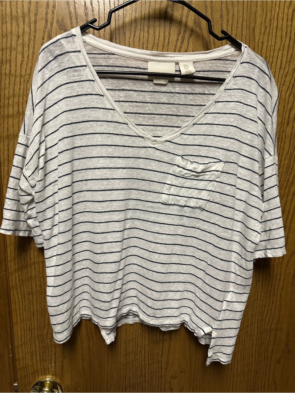 Cynthia Rowley White and Navy Striped V-Neck Linen Pocket Tee